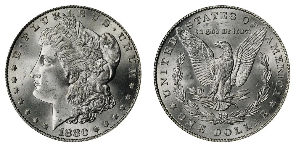 1880 Morgan silver dollar obverse and reverse showing Liberty head and eagle design