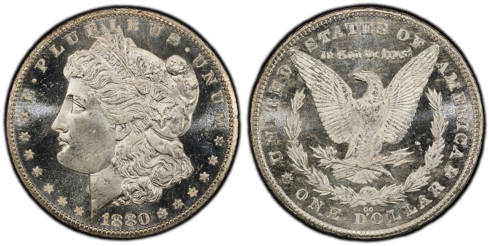 Comparison of common 1880 Morgan dollar date versus 1880-CC 8/High 7 overdate showing remnant 7 within the second 8