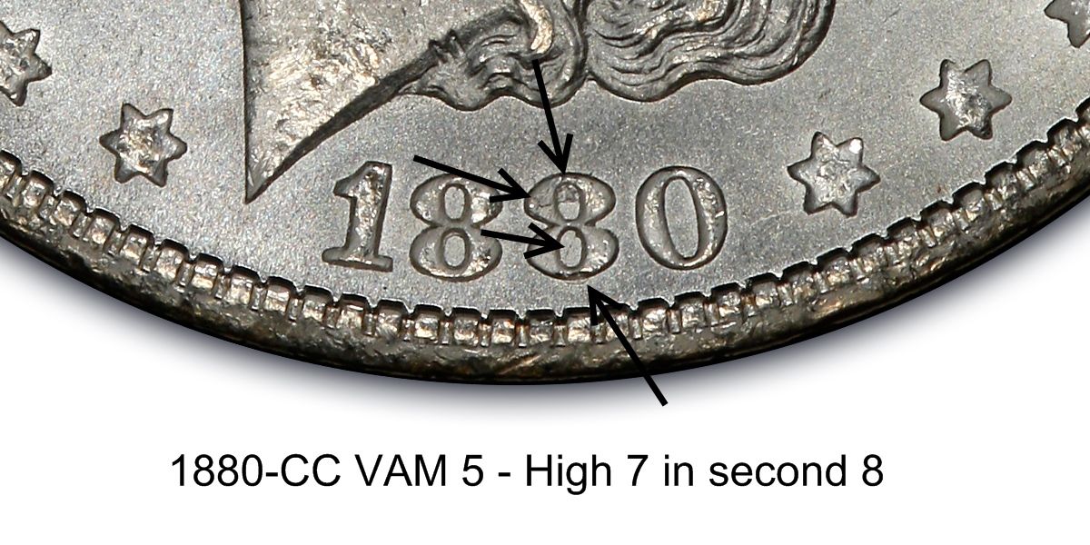 1880-CC 8/High 7 Morgan dollar date area showing remnant 7 crossbar high within the second 8
