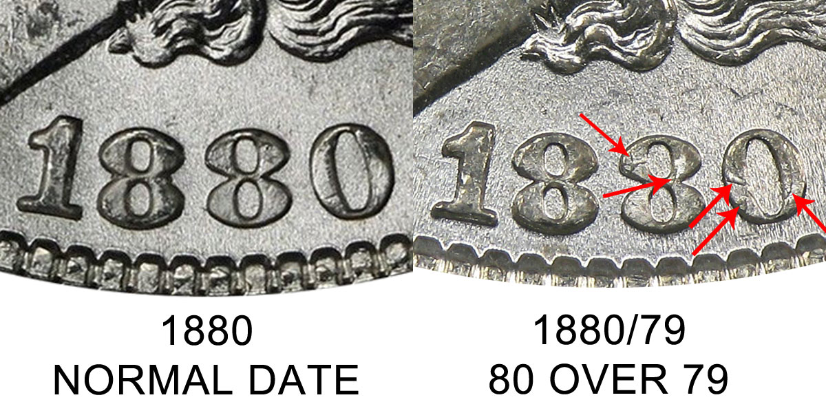 1880/79 overdate Morgan dollar date showing remnants of 79 die within the 1880 date numerals