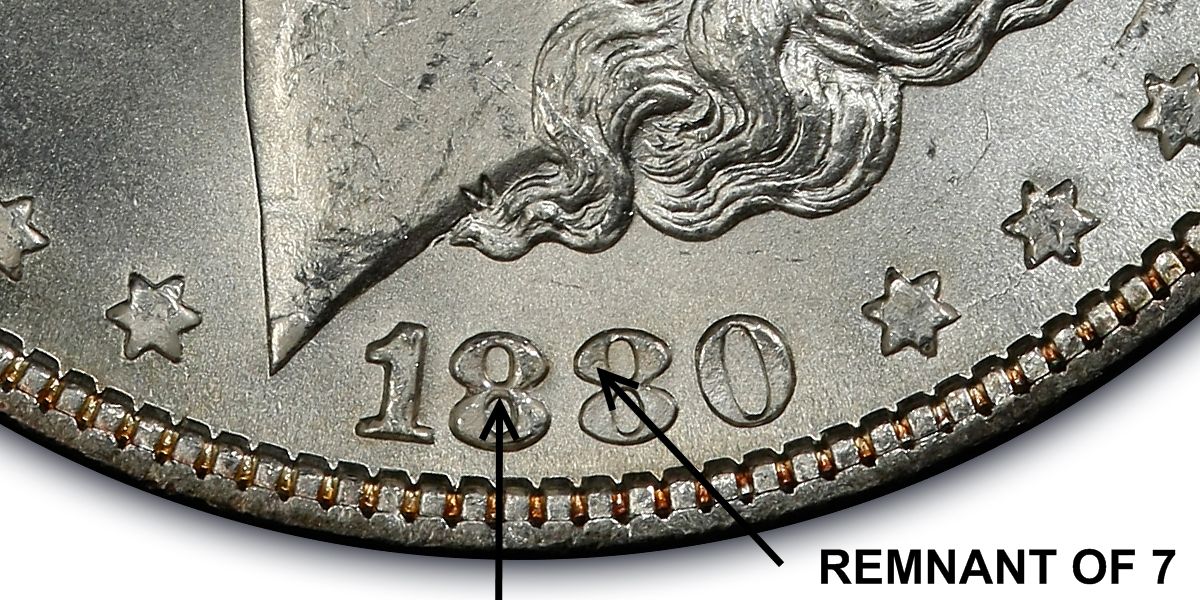 1880 Checkmark VAM-11 Morgan dollar showing checkmark-shaped raised area on the upper-left of the second 8 in the date