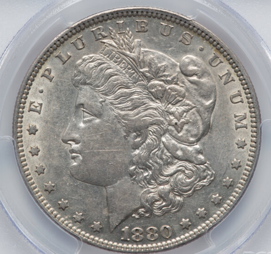 1880/7 Crossbar VAM-7 Morgan dollar showing distinct horizontal crossbar at top of the second 8 in the date