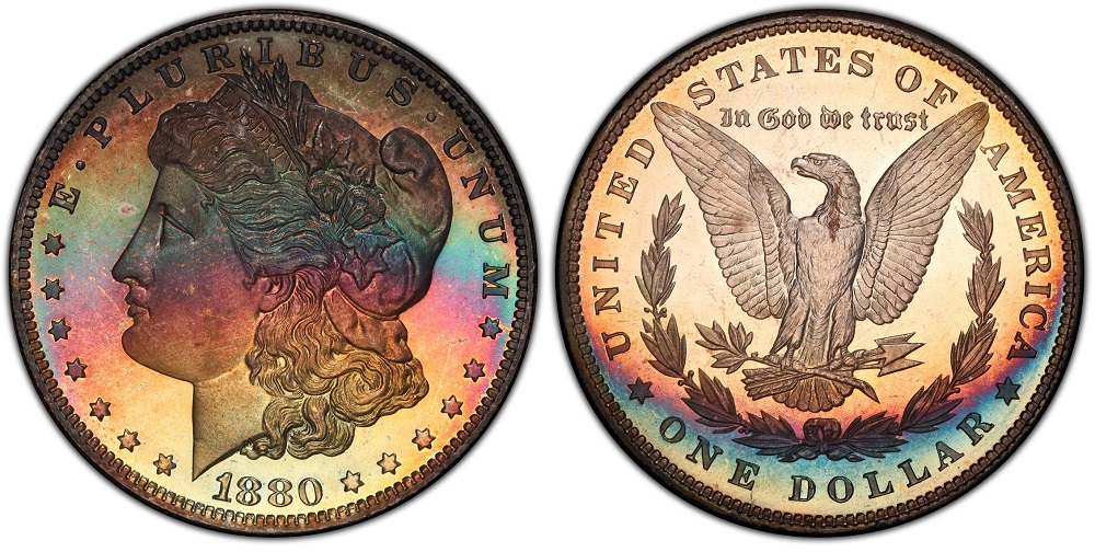 1880-S Morgan silver dollar Deep Mirror Proof-Like (DMPL) showing frosted Liberty device against mirror-polished fields