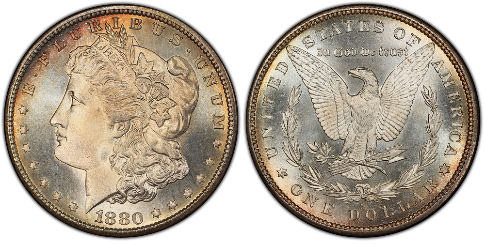 1880 Morgan dollar grading strip showing four condition tiers from worn (Good) through gem Mint State side by side